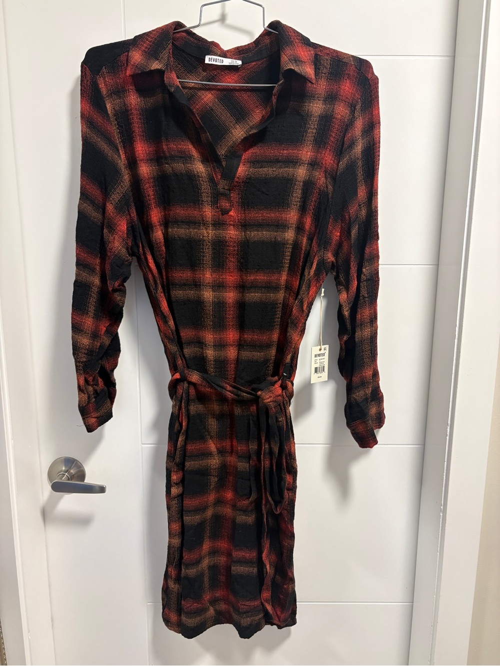 Black and orange Plaid Shirt Dress with Tie Waist
